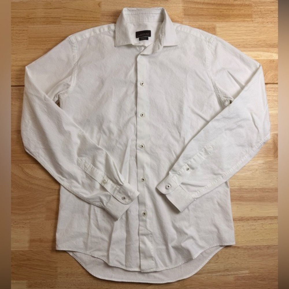 Textured Black Tag Zara Man Slim Fit White Waffle Knit Button Down Shirt M